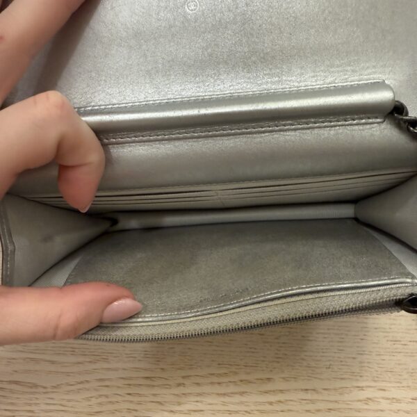 Chanel Metallic Lambskin Chevron Wallet On Chain WOC Silver