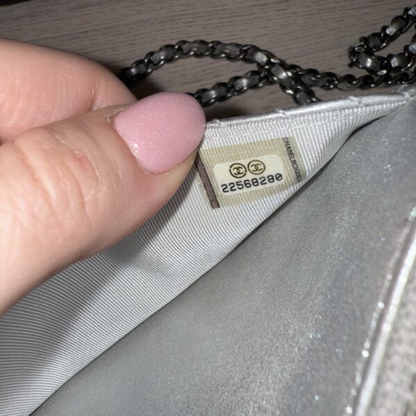 Chanel Metallic Lambskin Chevron Wallet On Chain WOC Silver
