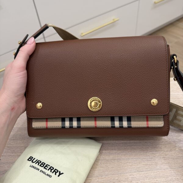 Burberry Medium Note Leather & Vintage Check Crossbody Bag Tan