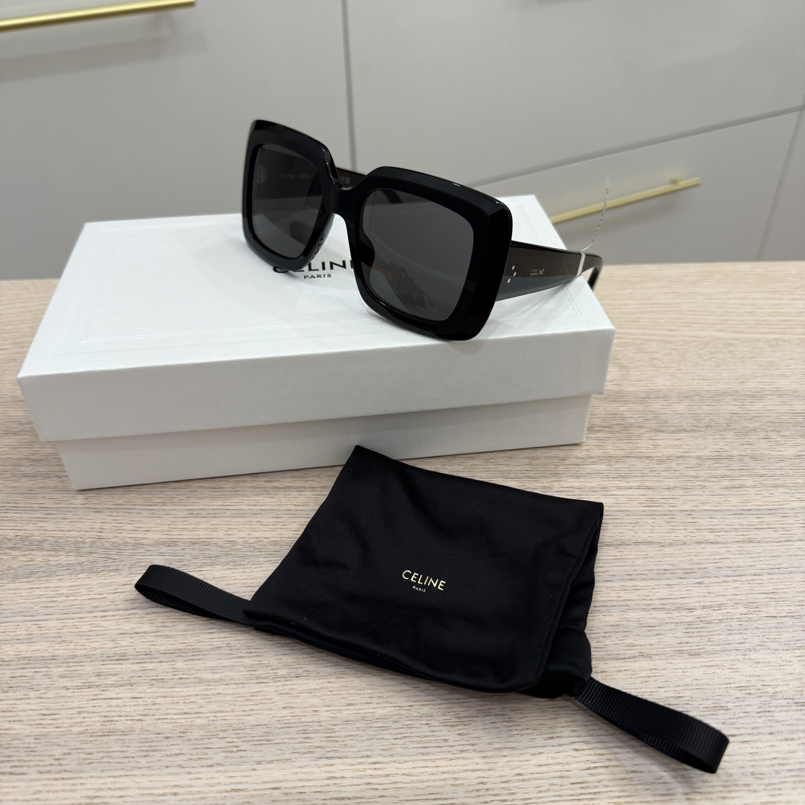 Celine Shiny Black Bold 3 Dots Square Sunglasses