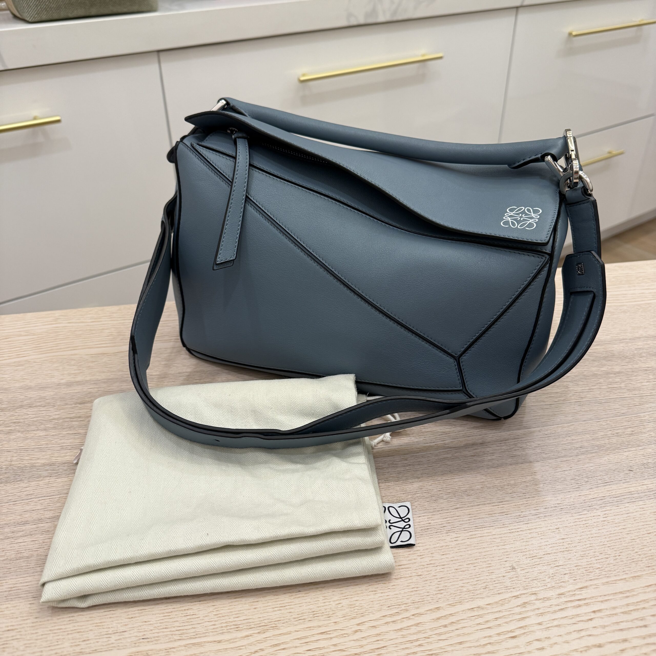 Loewe Calfskin Medium Puzzle Bag Stone Blue