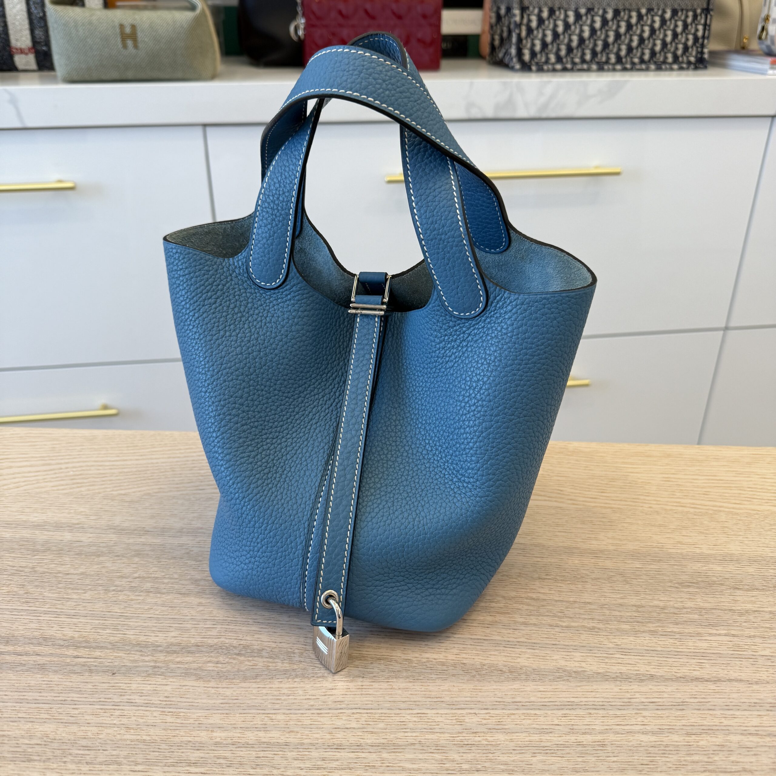 Hermes Taurillon Clemence Picotin Lock 18 PM Blue Jean PHW