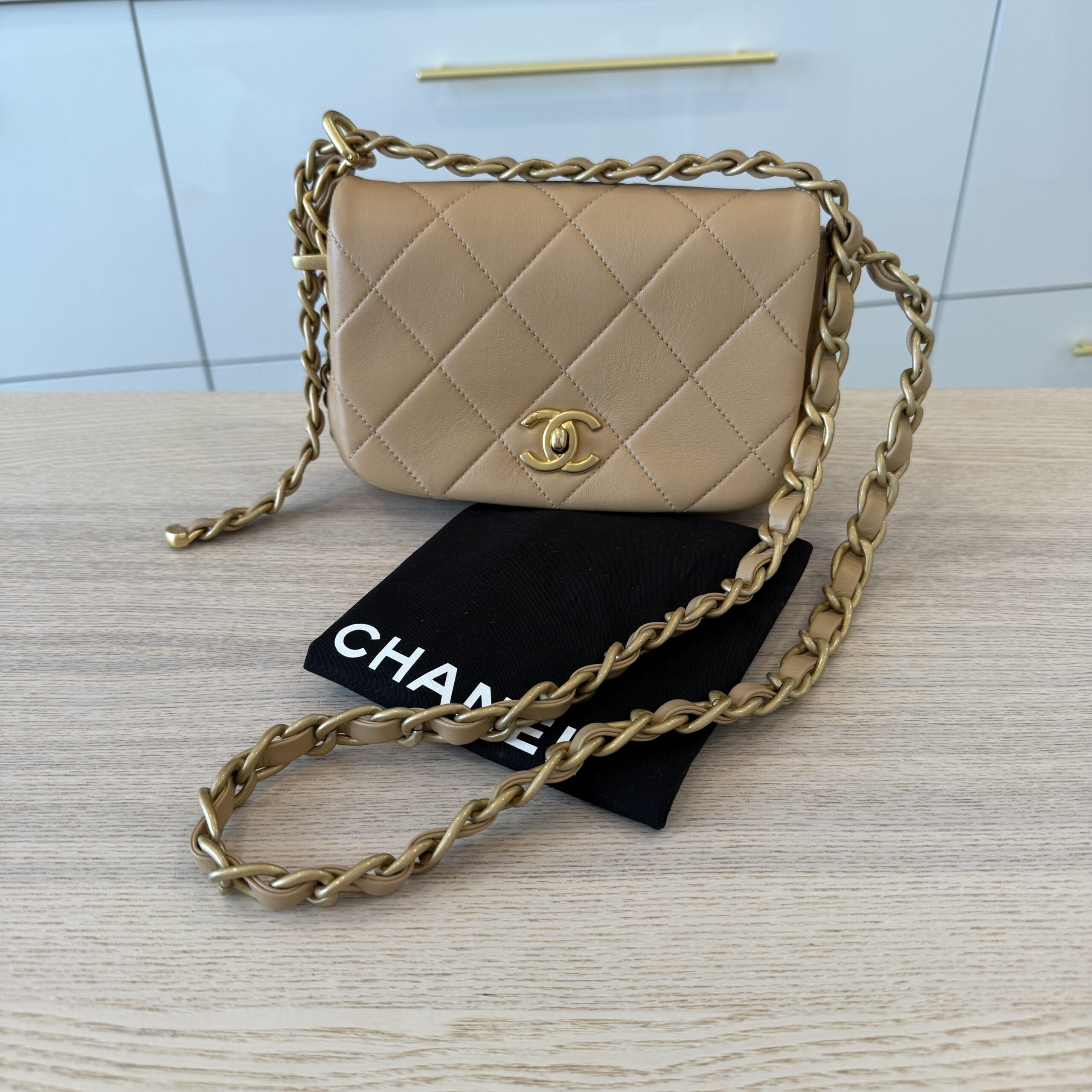 Chanel Shiny Lambskin Quilted Chain Around Flap Bag Beige