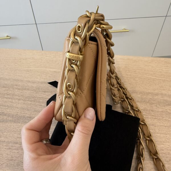 Chanel Shiny Lambskin Quilted Chain Around Flap Bag Beige