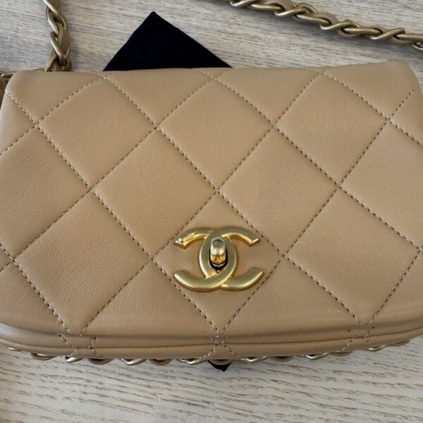 Chanel Shiny Lambskin Quilted Chain Around Flap Bag Beige