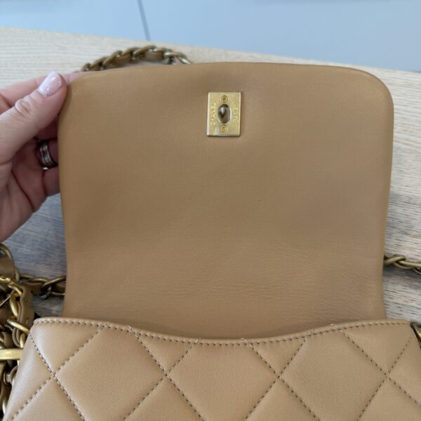 Chanel Shiny Lambskin Quilted Chain Around Flap Bag Beige