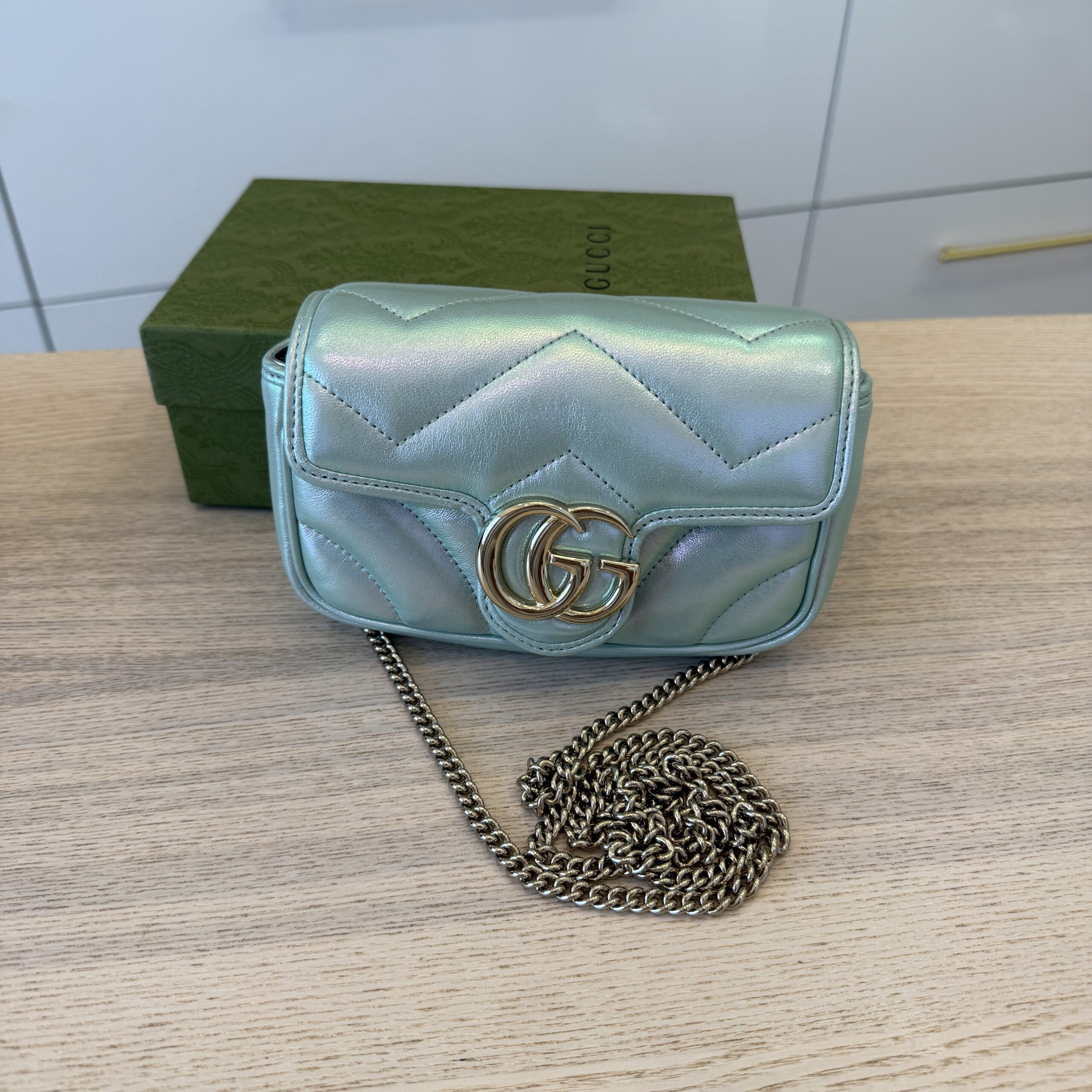 Gucci Iridescent Nappa Chevron Matelasse Super Mini GG Marmont Shoulder Bag Iridescent