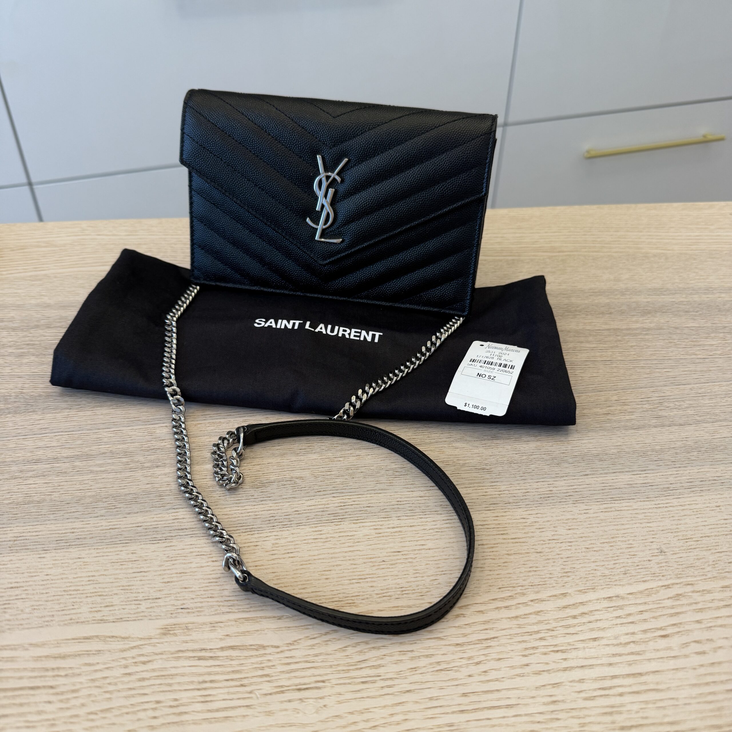 Saint Laurent Envelope Quilted Leather Chain Wallet Black and Silver Hardware