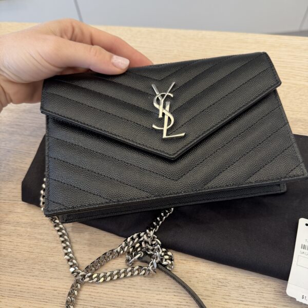 Saint Laurent Envelope Quilted Leather Chain Wallet Black and Silver Hardware