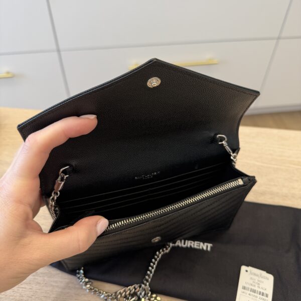 Saint Laurent Envelope Quilted Leather Chain Wallet Black and Silver Hardware