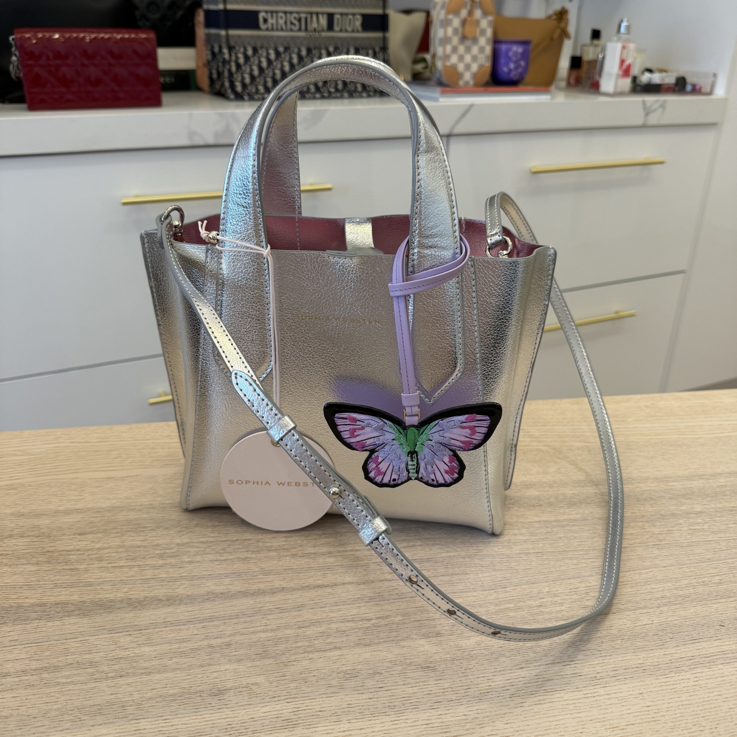 Sophia Webster Tamsin Mini Metallic Leather Tote Bag Silver