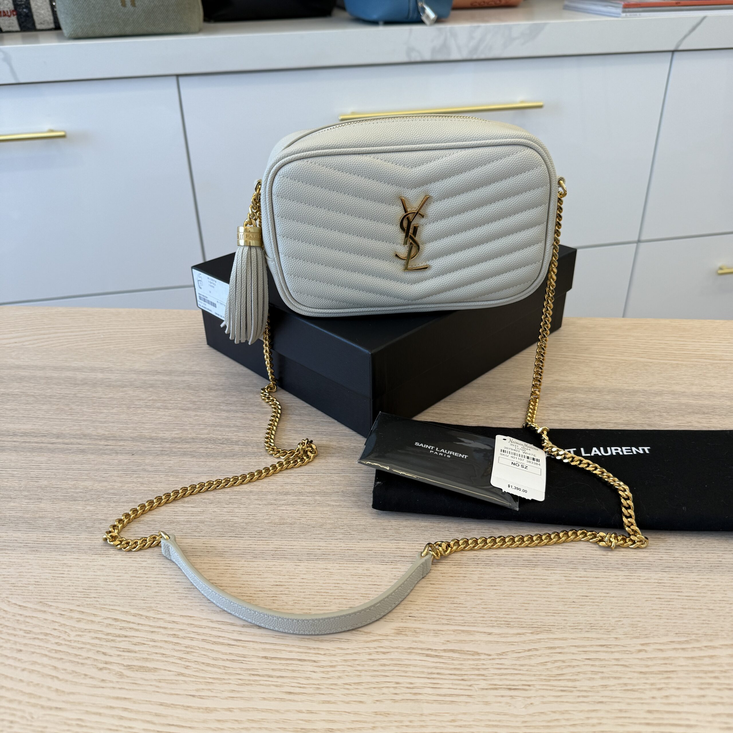 Saint Laurent Matelasse Monogram Mini Lou Camera Bag Blanc Vintage and Gold Hardware