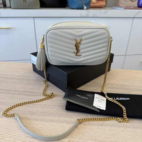 Saint Laurent Matelasse Monogram Mini Lou Camera Bag Blanc Vintage and Gold Hardware