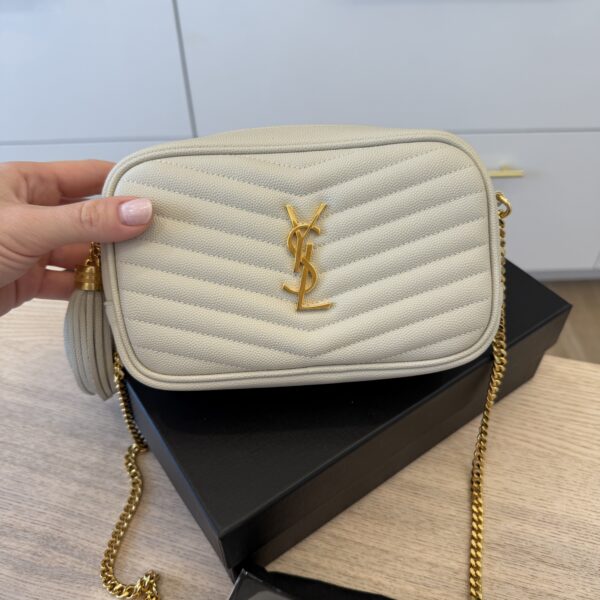 Saint Laurent Matelasse Monogram Mini Lou Camera Bag Blanc Vintage and Gold Hardware