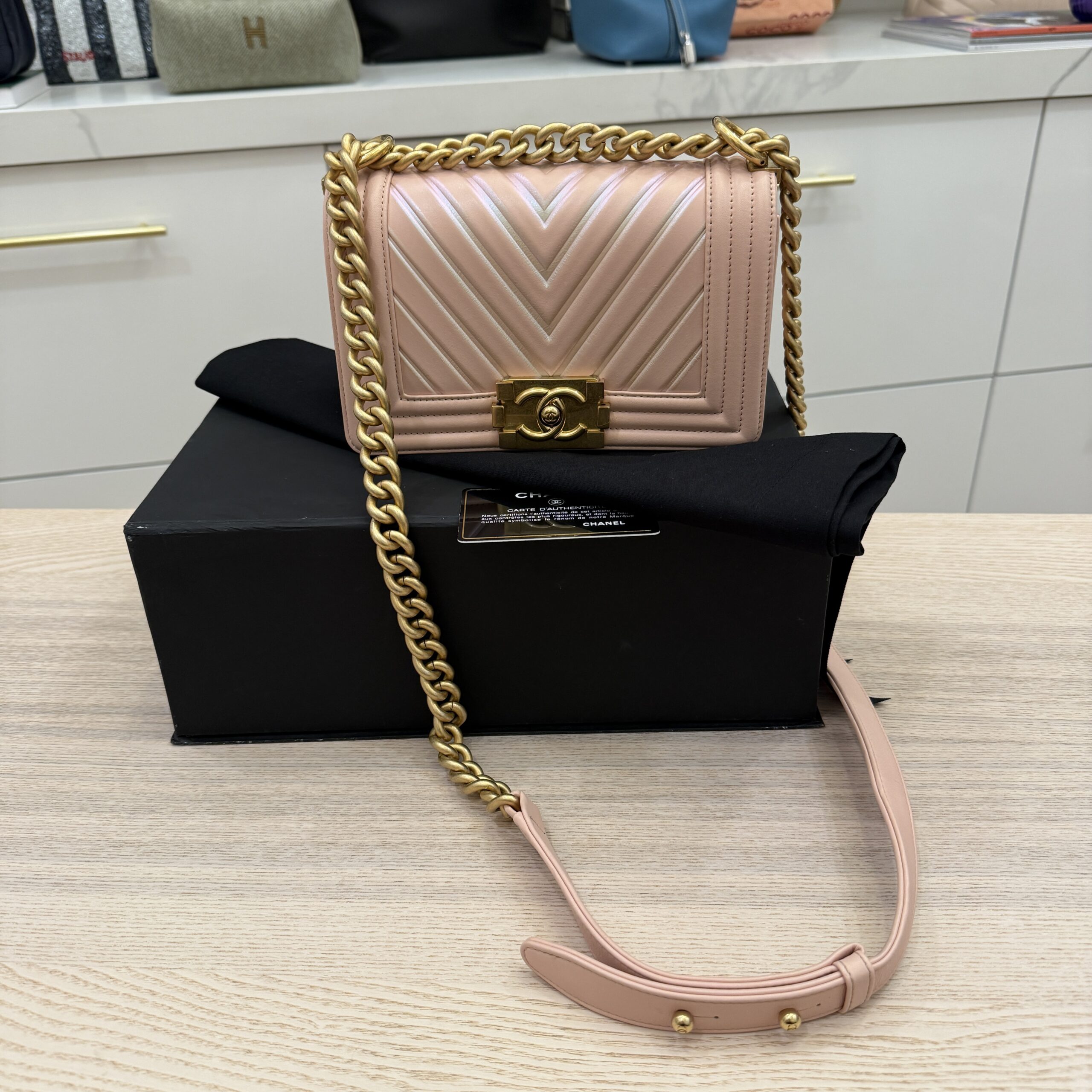 Chanel Light Iridescent Chevron Small Boy Bag Gold Hardware