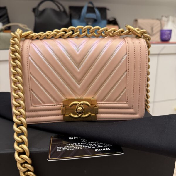 Chanel Light Iridescent Chevron Small Boy Bag Gold Hardware