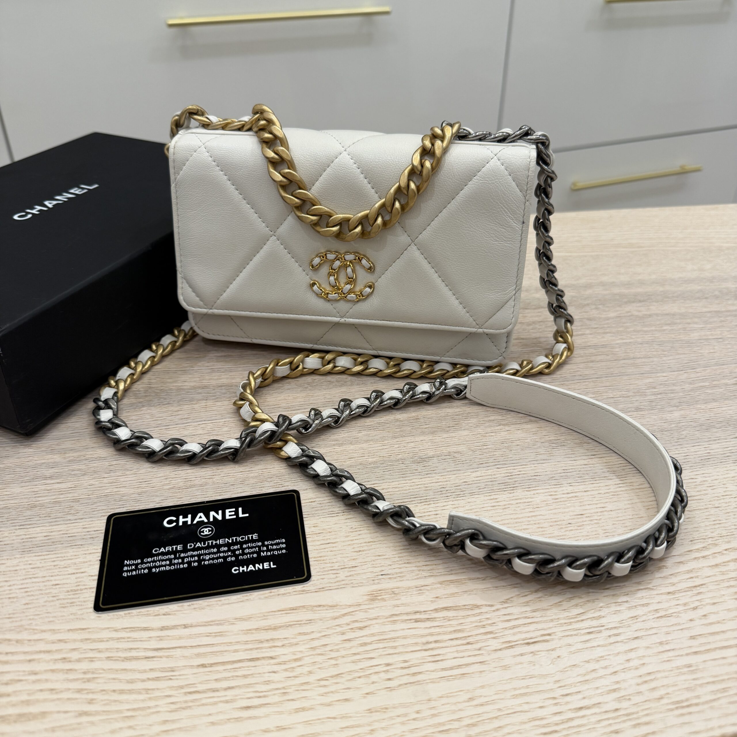 Chanel Lambskin Quilted Chanel 19 Wallet On Chain WOC White