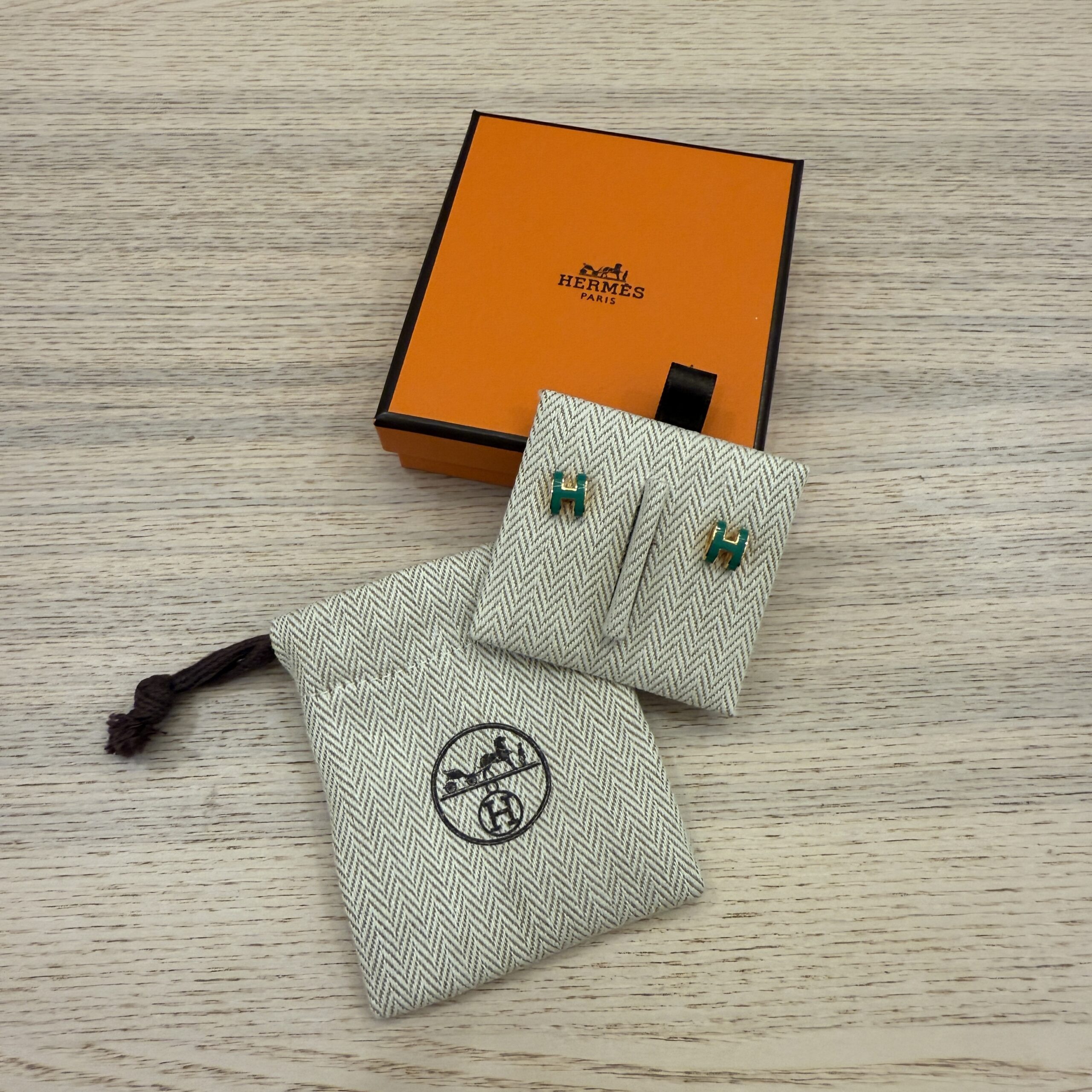 Hermes Gold Lacquered Mini Pop H Earrings and Green