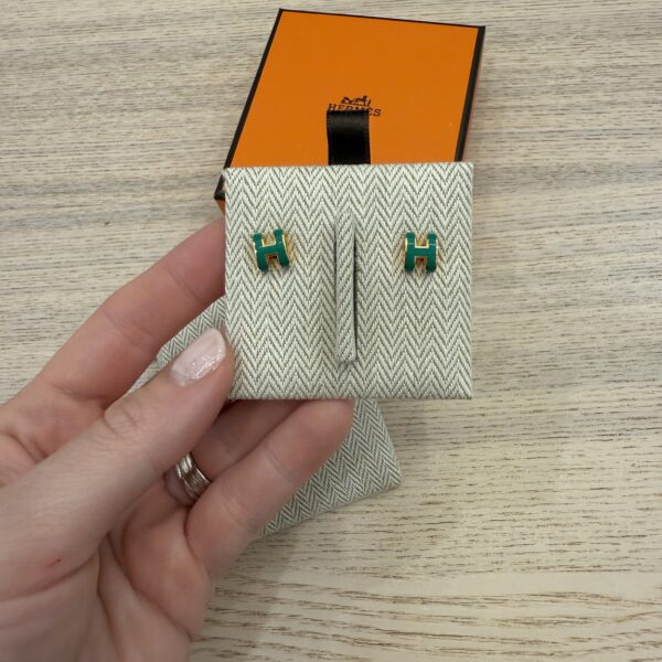 Hermes Gold Lacquered Mini Pop H Earrings and Green