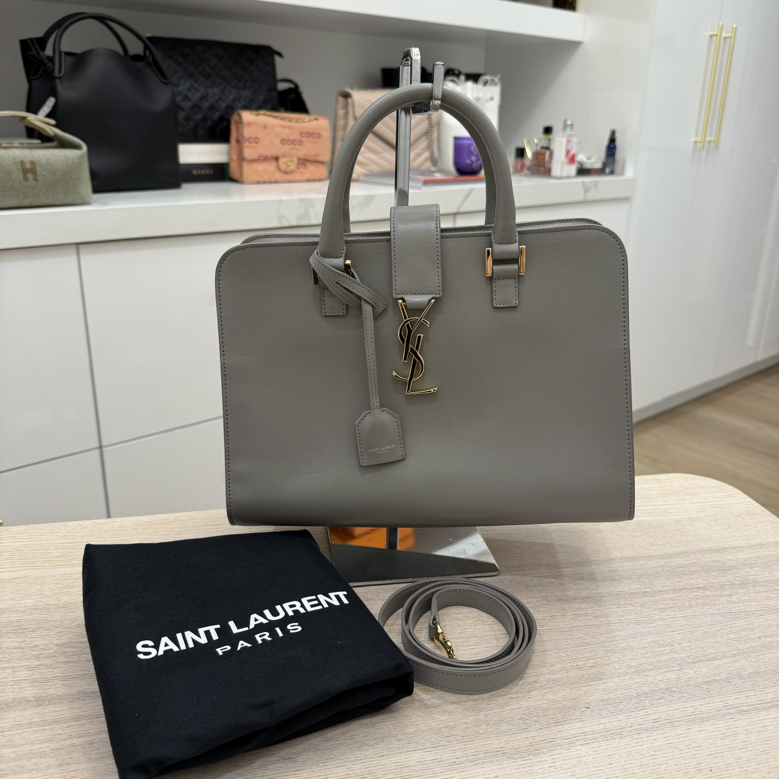 Saint Laurent YSL Calfskin Small Monogram Cabas Fog