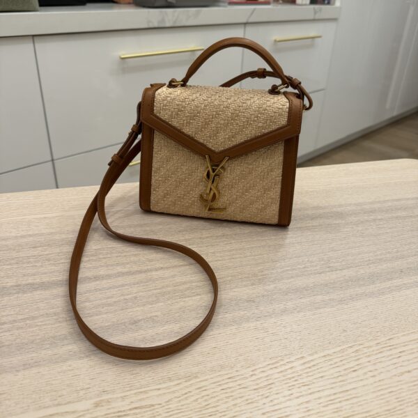 Saint Laurent YSL Cassandra Mini Top Handle Bag in Raffia and Leather