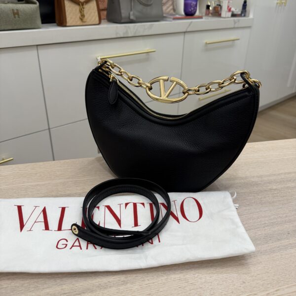 Valentino Garavani Small V Logo Moon Hobo Bag in Grainy Calfskin with Chain Black