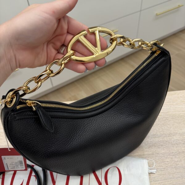 Valentino Garavani Small V Logo Moon Hobo Bag in Grainy Calfskin with Chain Black