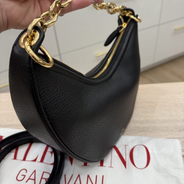 Valentino Garavani Small V Logo Moon Hobo Bag in Grainy Calfskin with Chain Black