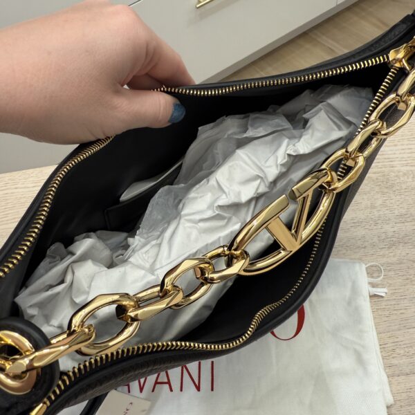 Valentino Garavani Small V Logo Moon Hobo Bag in Grainy Calfskin with Chain Black