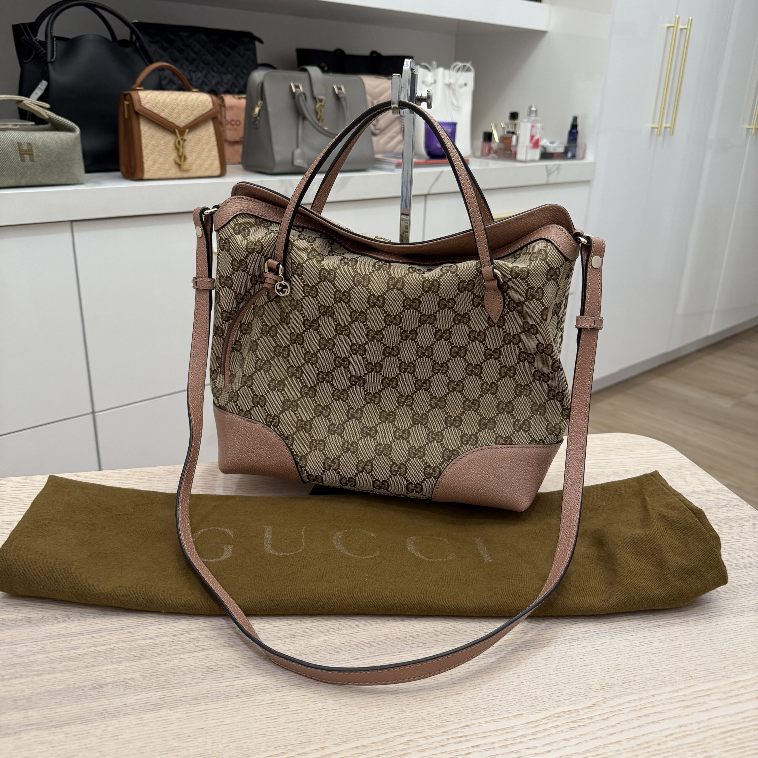 Gucci Monogram Textured Calfskin Medium Bree Foldover Tote Pink