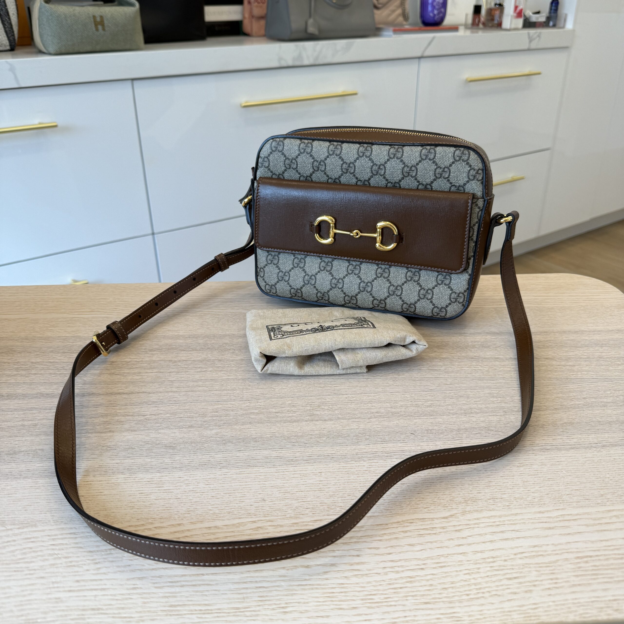 Gucci GG Supreme Monogram Small Horsebit 1955 Shoulder Bag Beige Brown Sugar