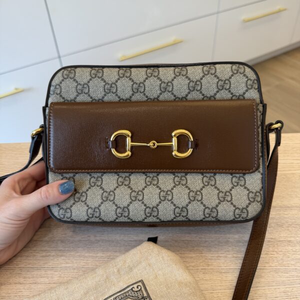Gucci GG Supreme Monogram Small Horsebit 1955 Shoulder Bag Beige Brown Sugar