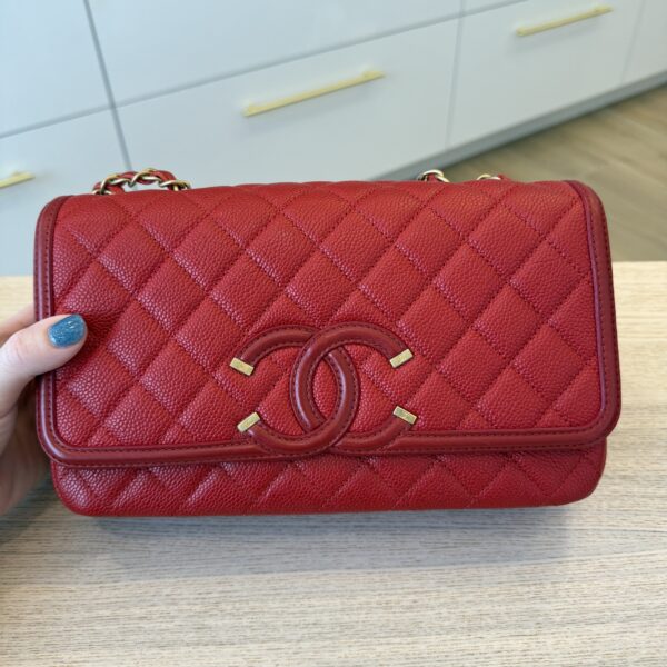 Chanel Filigree Flap Bag Quilted Caviar Medium Red Gold Hardware