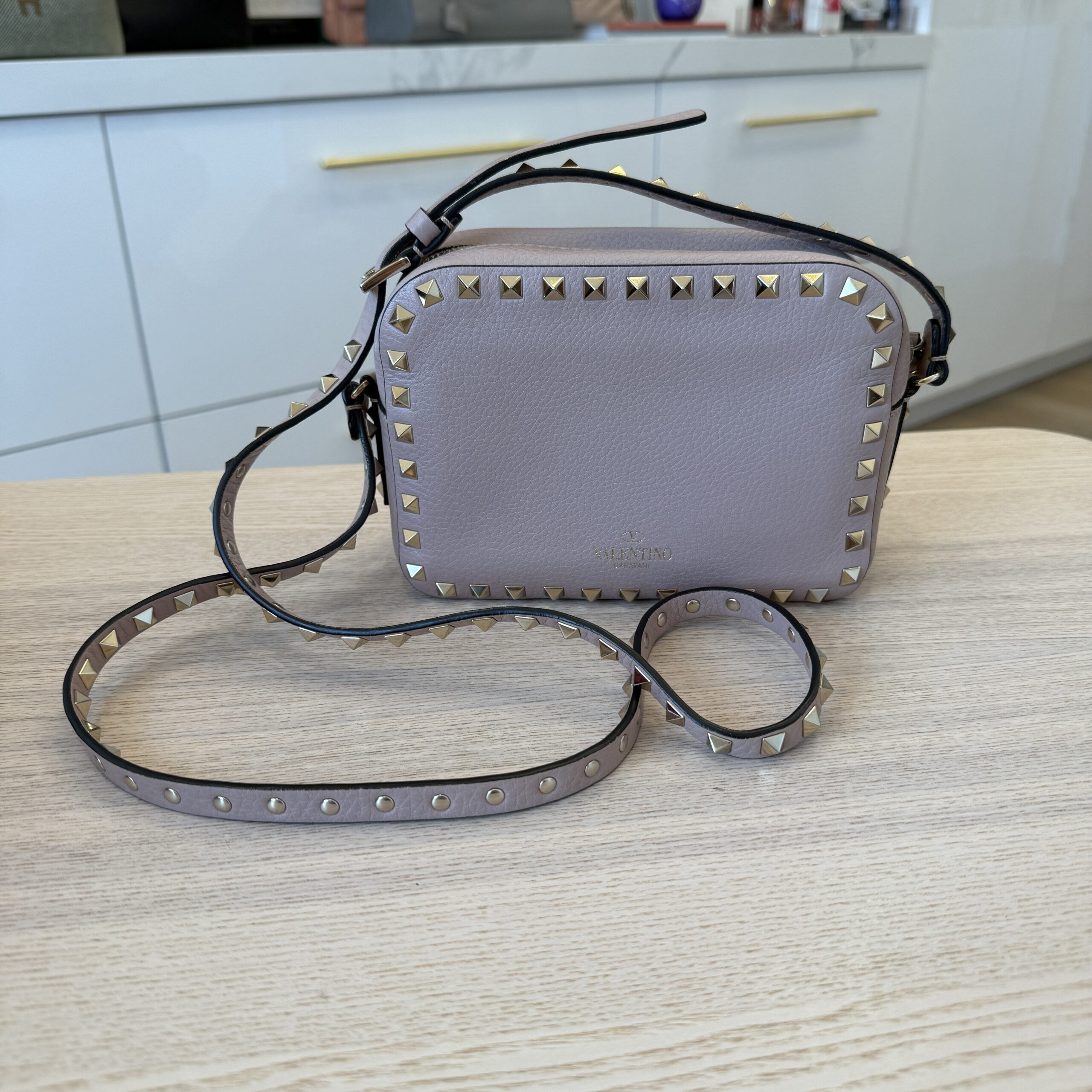 VALENTINO GARAVANI Pebbled Calfskin Rockstud Camera Crossbody Bag