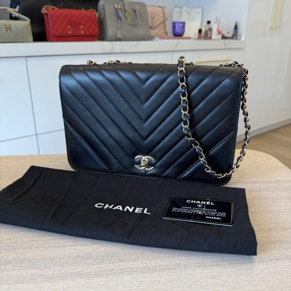 Chanel Calfskin Chevron Quilted Large Statement Flap Black