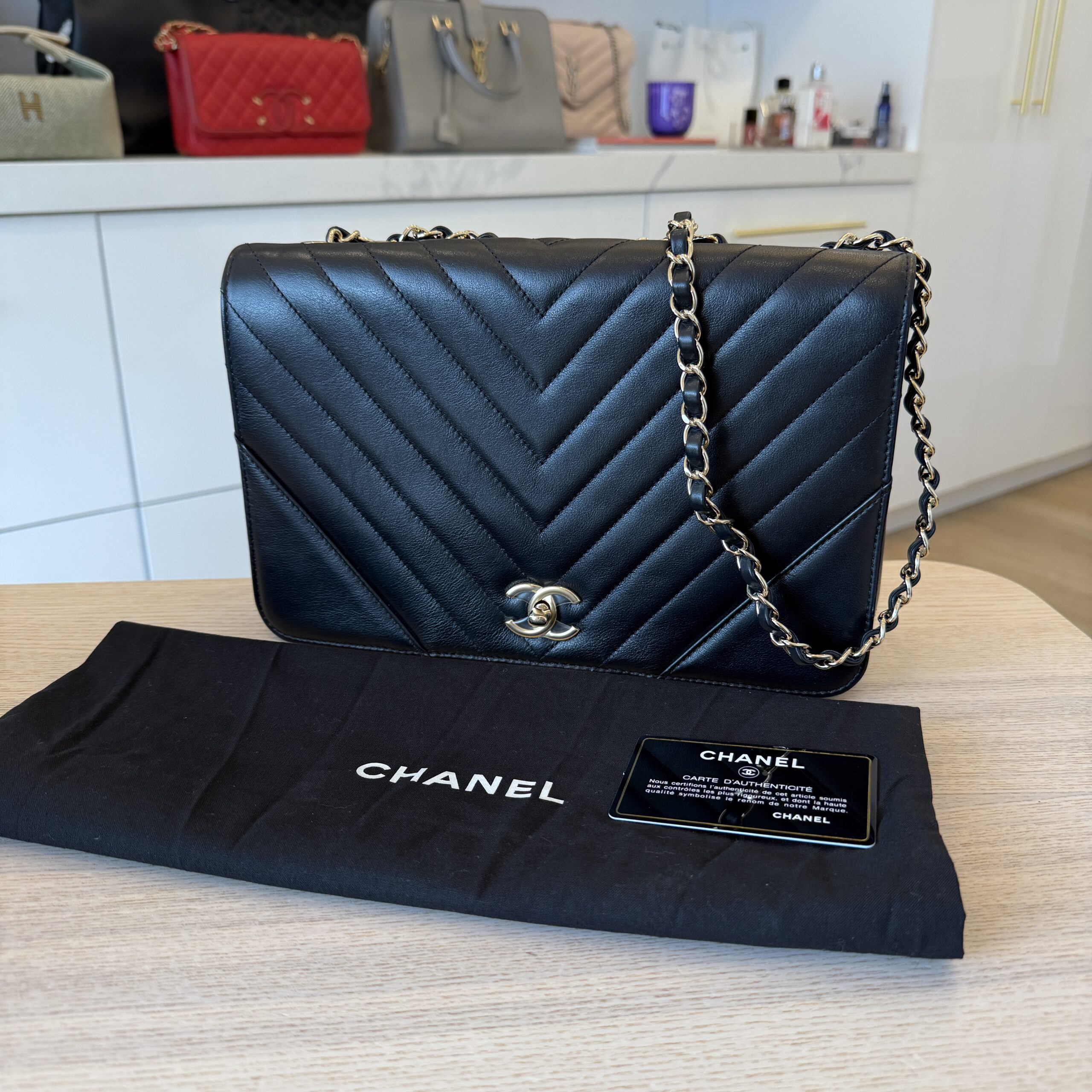 Chanel Calfskin Chevron Quilted Large Statement Flap Black