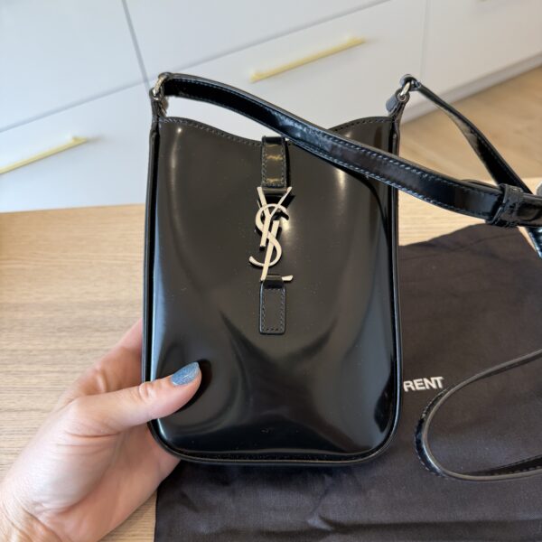 SAINT LAURENT Le 5 a 7 Vertical Shoulder Bag Leather Mini Patent Black Silver Hardware