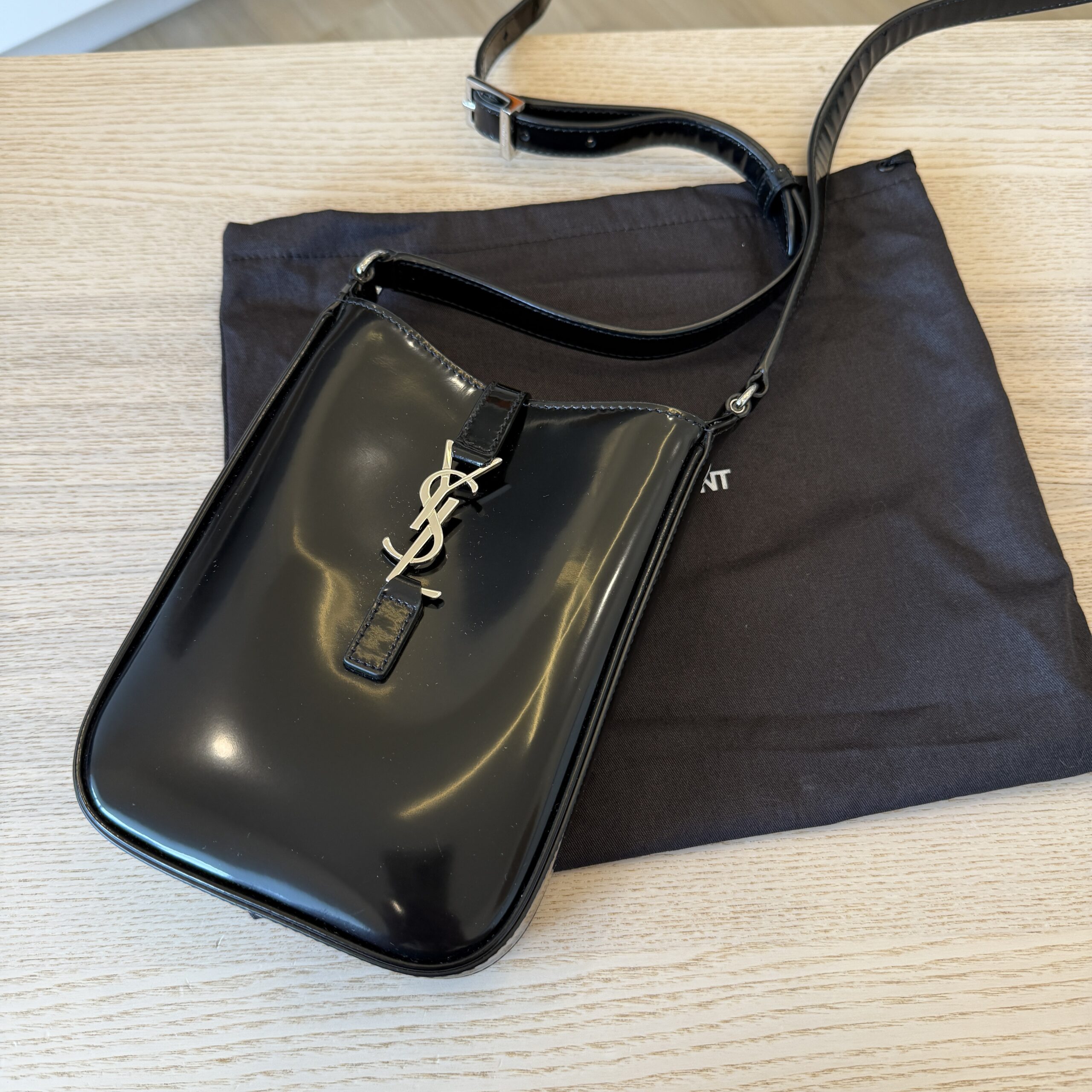 SAINT LAURENT Le 5 a 7 Vertical Shoulder Bag Leather Mini Patent Black Silver Hardware