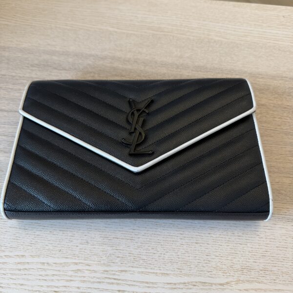 Saint Laurent Envelope Quilted Leather Chain Wallet Cream Black and White