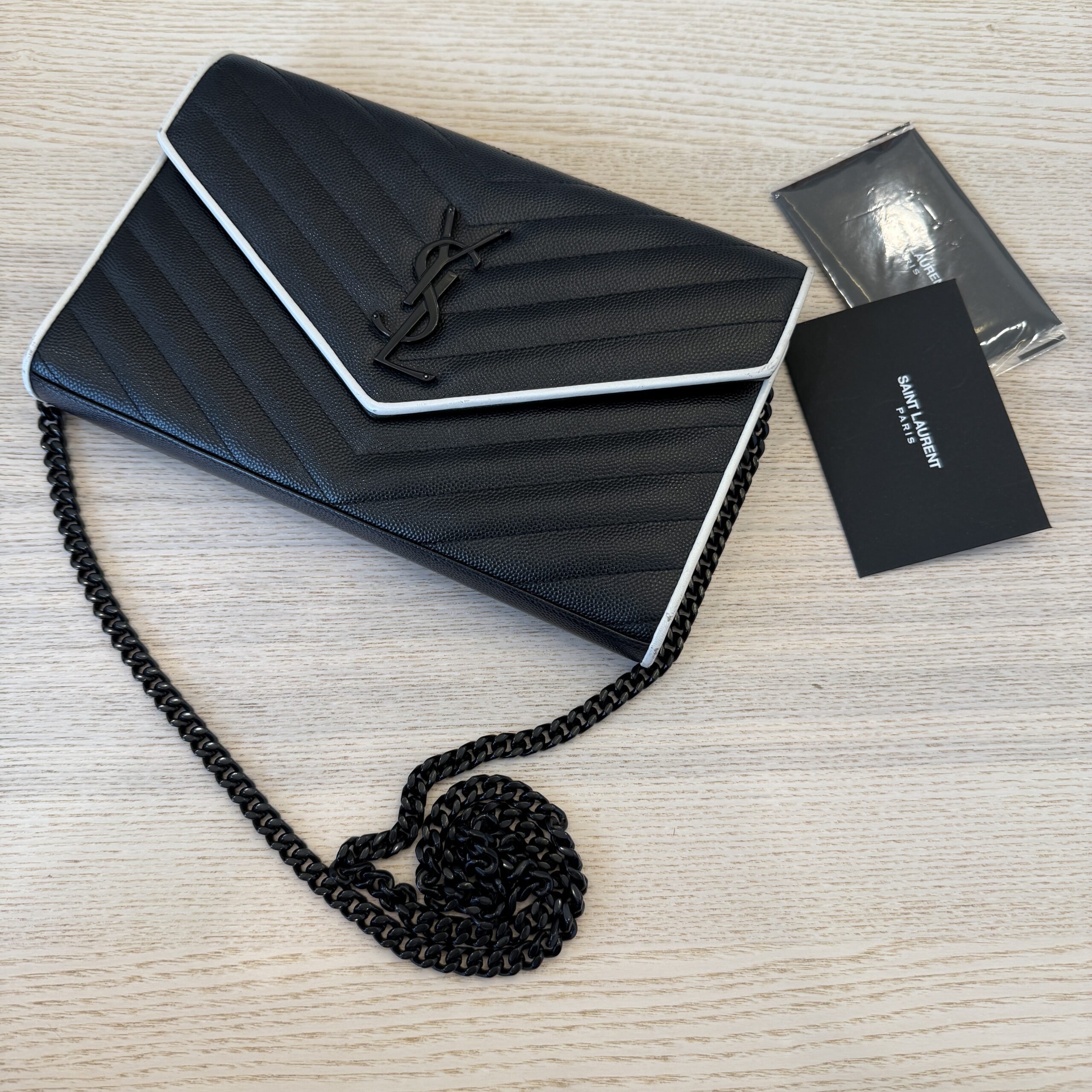Saint Laurent Envelope Quilted Leather Chain Wallet Cream Black and White