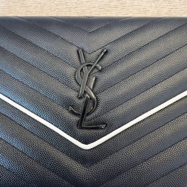 Saint Laurent Envelope Quilted Leather Chain Wallet Cream Black and White