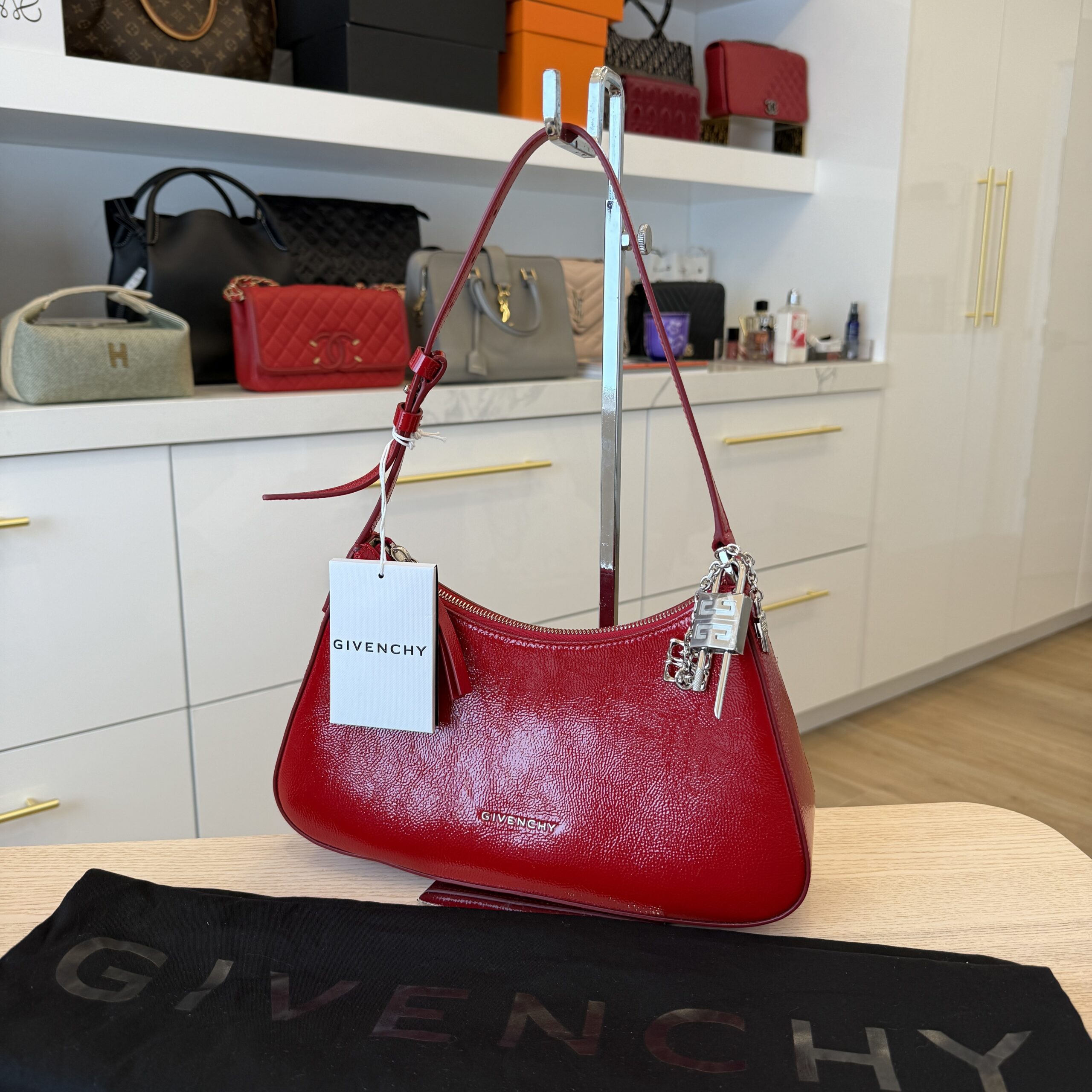 Givenchy Lucky Lock Small Embellished Glossed Textured-Leather Shoulder Bag Red