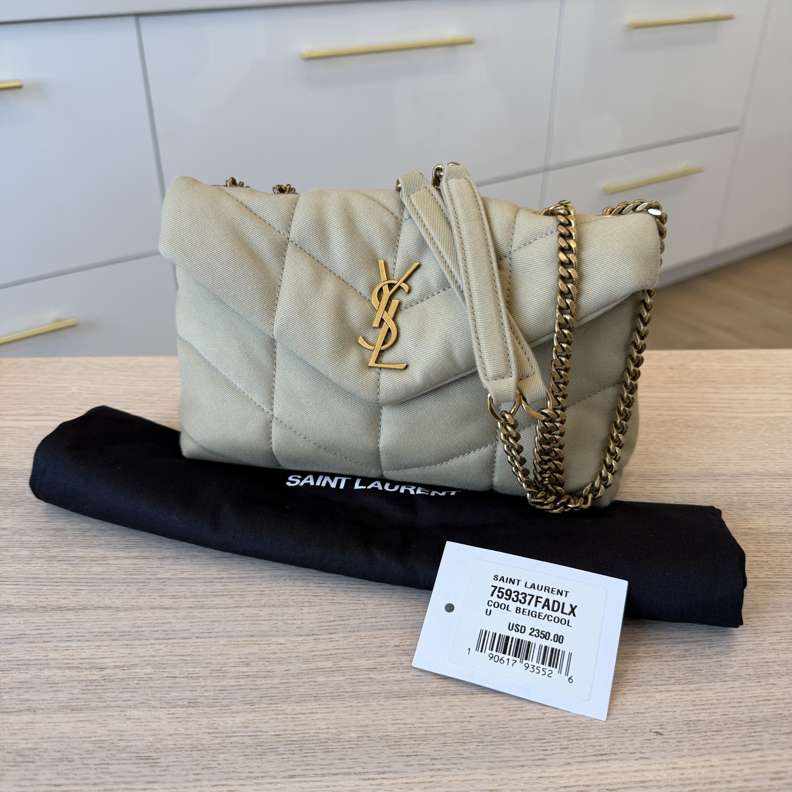 Saint Laurent YSL Puffer Toy Bag In Jersey Cool Beige and Gold Hardware