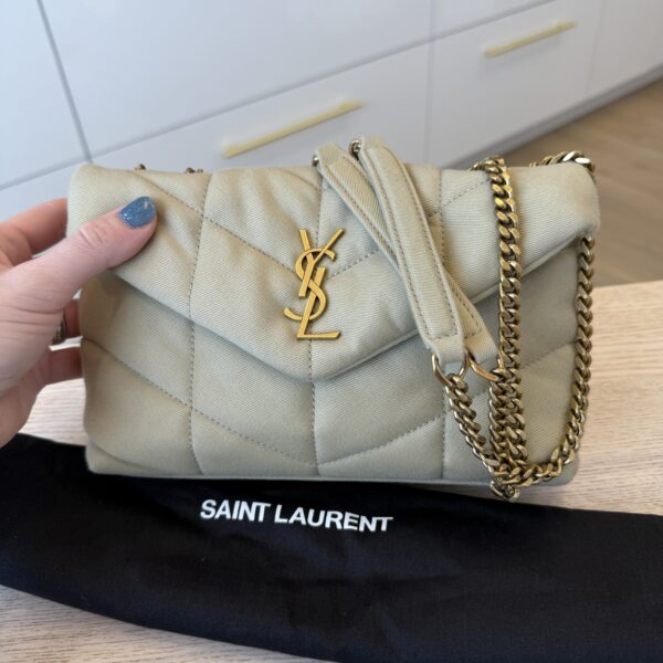 Saint Laurent YSL Puffer Toy Bag In Jersey Cool Beige and Gold Hardware
