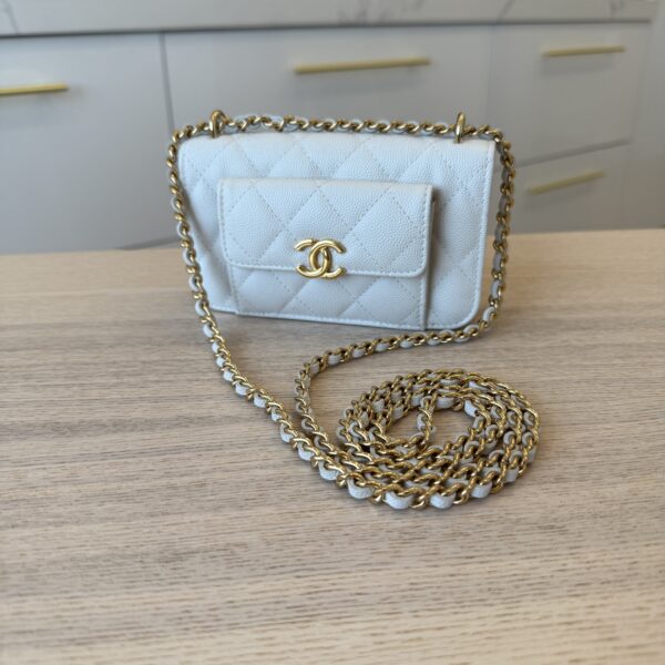 Chanel Caviar Quilted Pocket Twins Clutch With Chain White