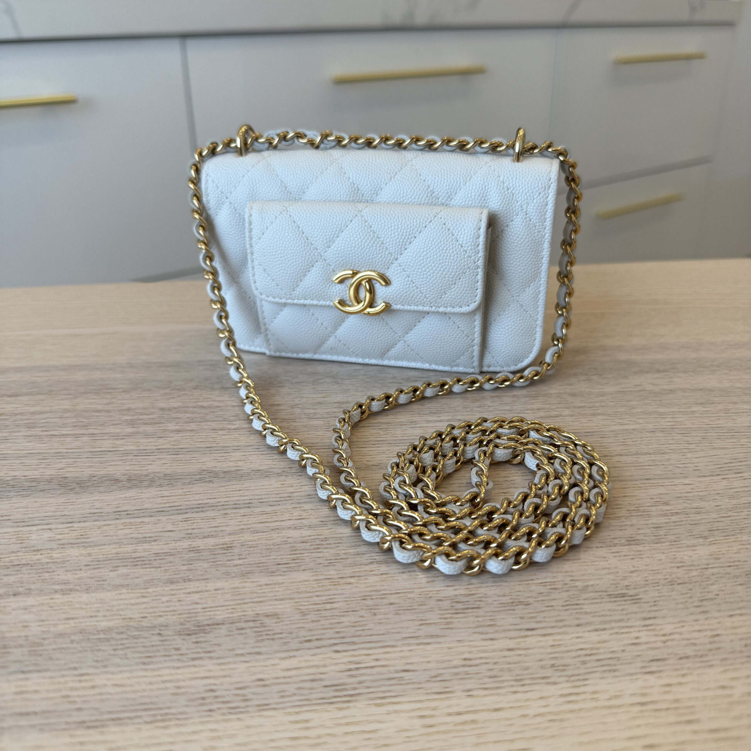 Chanel Caviar Quilted Pocket Twins Clutch With Chain White