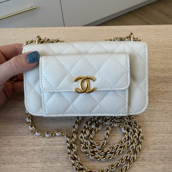 Chanel Caviar Quilted Pocket Twins Clutch With Chain White