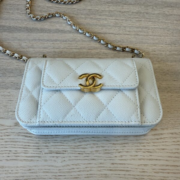 Chanel Caviar Quilted Pocket Twins Clutch With Chain White