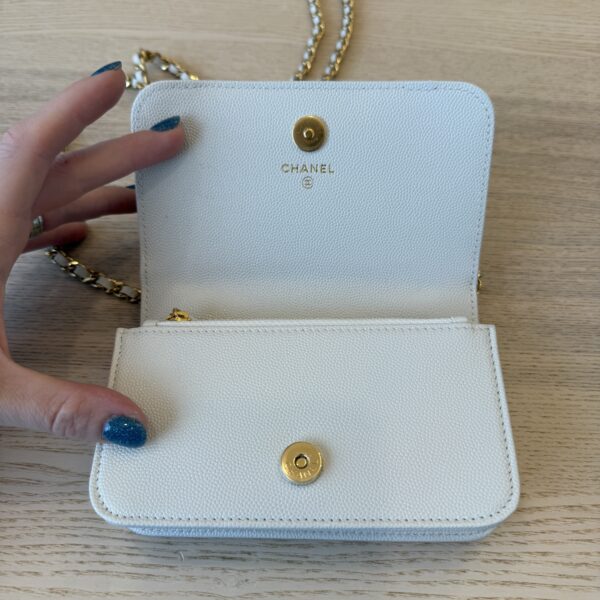Chanel Caviar Quilted Pocket Twins Clutch With Chain White