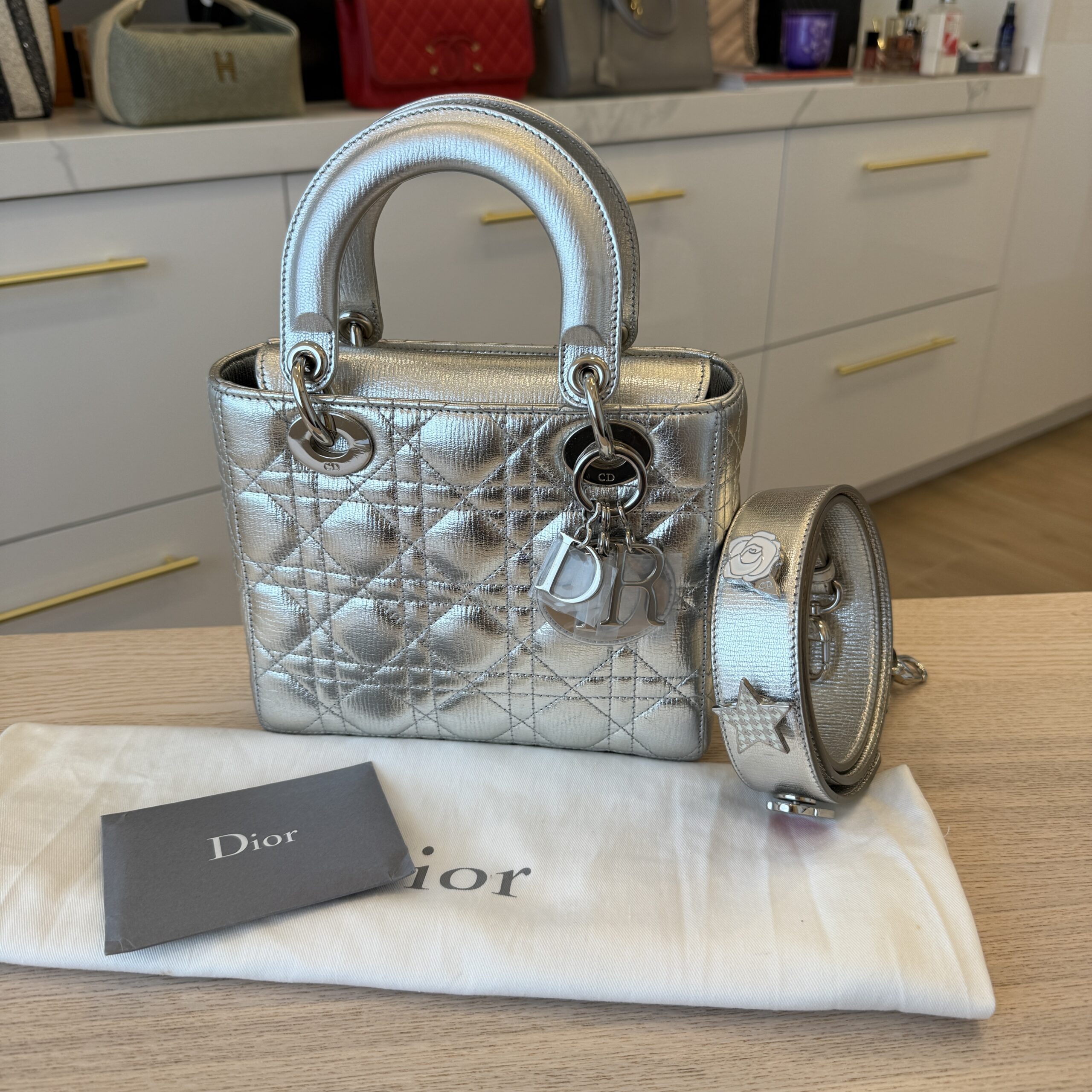 Christian Dior Metallic Grained Calfskin Cannage Small Lady Dior Silver Silver Hardware